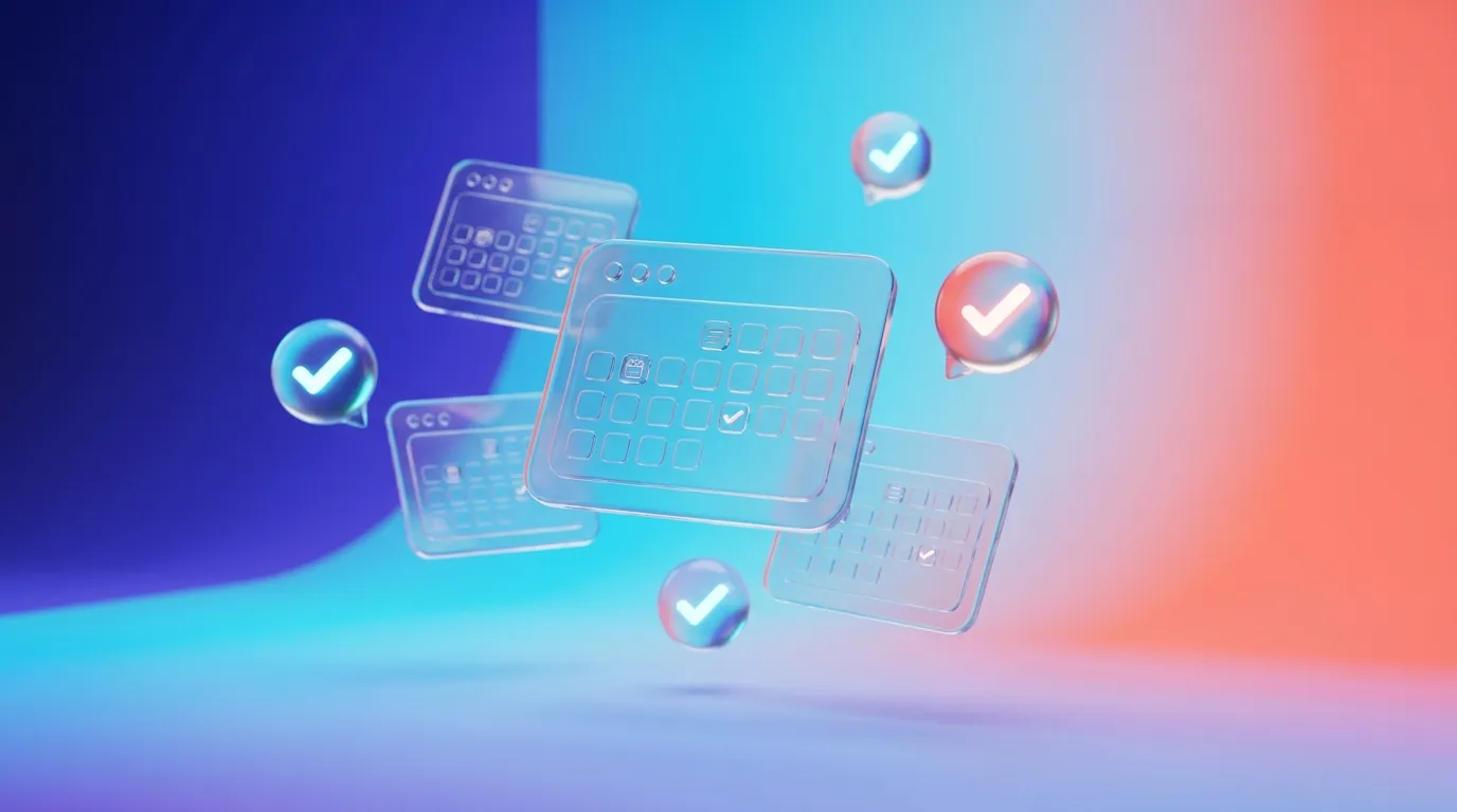 Glass calendar cards showing team time off on an indigo, cyan and coral gradient interface