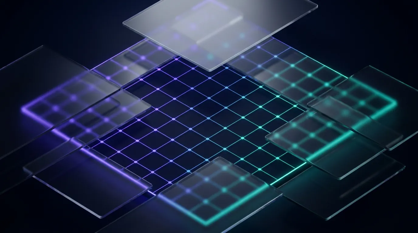 Dark isometric glass grid glowing in violet and teal for Leavio time off planning